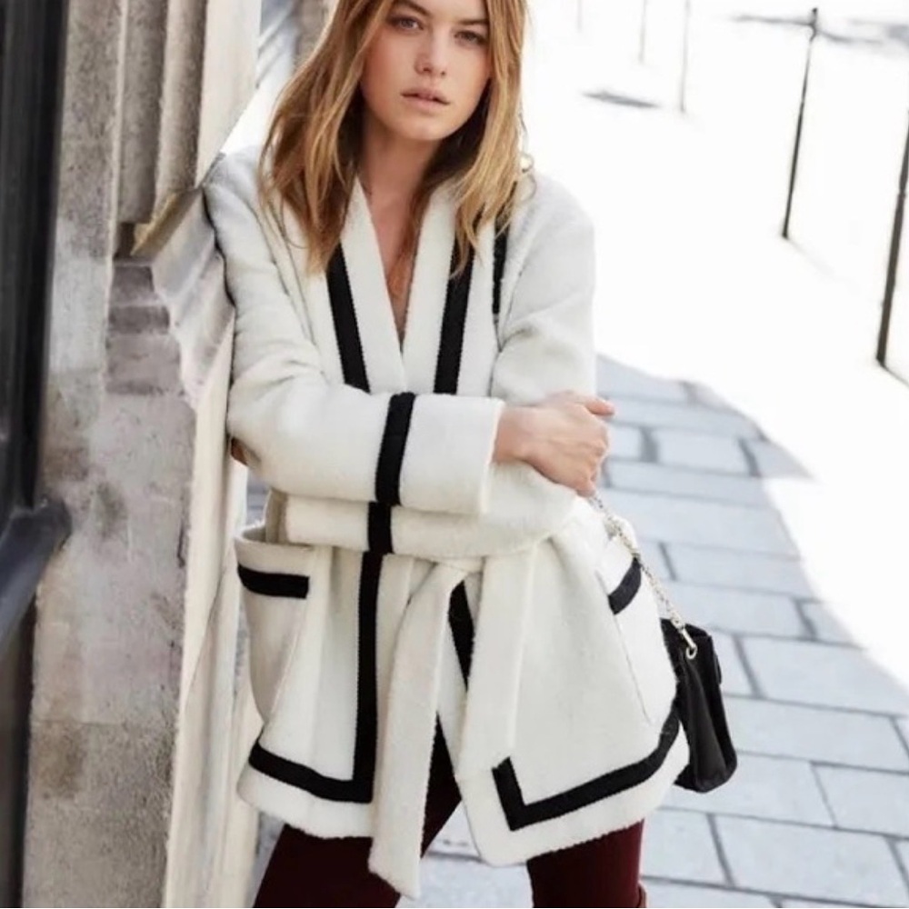 Sezane Ivory White Wool Jacket with Black Trim